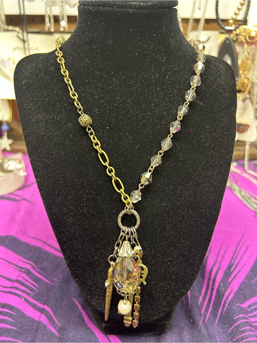 NWT Lost & Found NWT Boho Grunge Mixed Chain Crystal Drop Key Charm Necklace